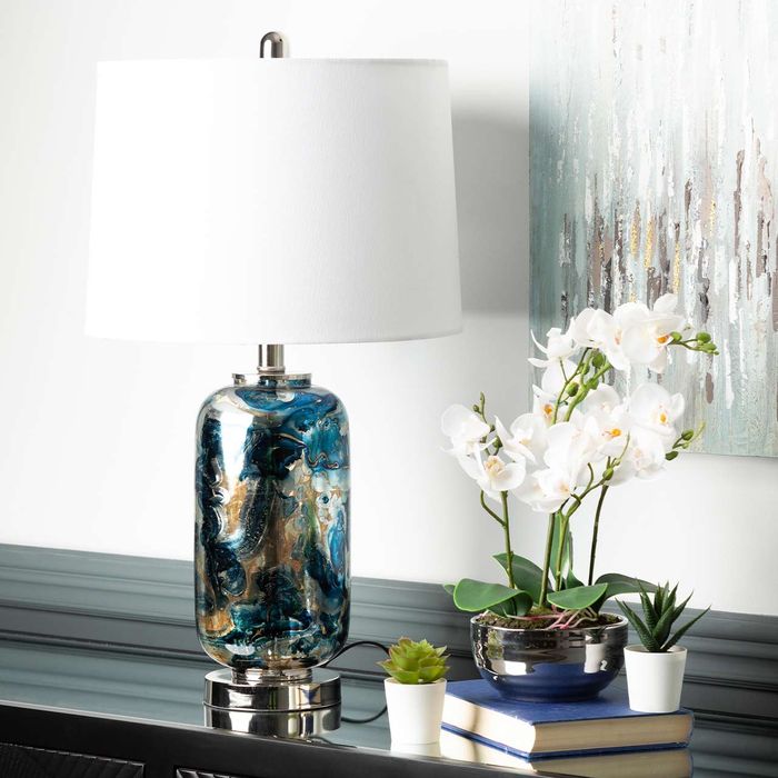 Chrome Table Lamp Dark Grey Faux Silk Shade