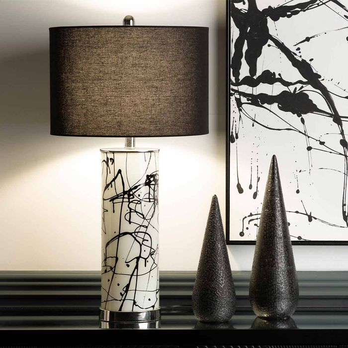 Black and White Splash Glass Table Lamp with Black Velvet Shade