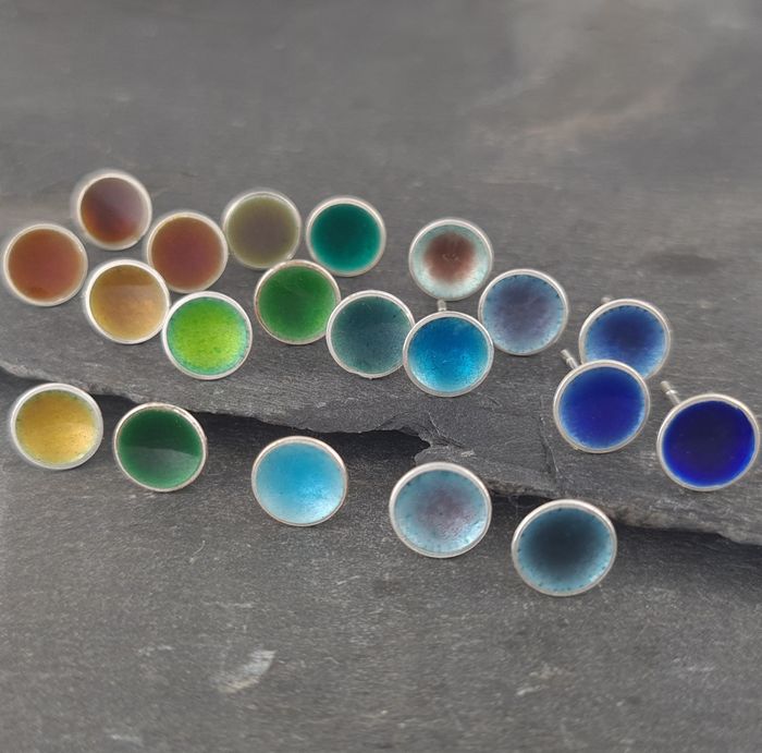 Enamelled Sterling Silver Stud Earrings, Colourful Earrings in Vitreous Enamel