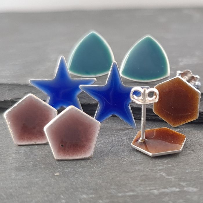 Colourful Geometric Stud Earrings in sterling Silver with Vitreous Enamel