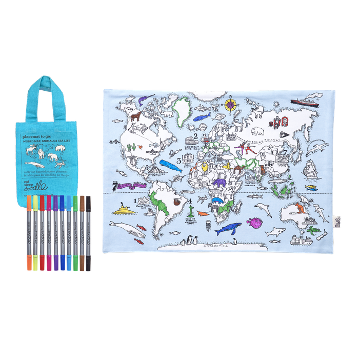 world map; animals & sea life placemat to go