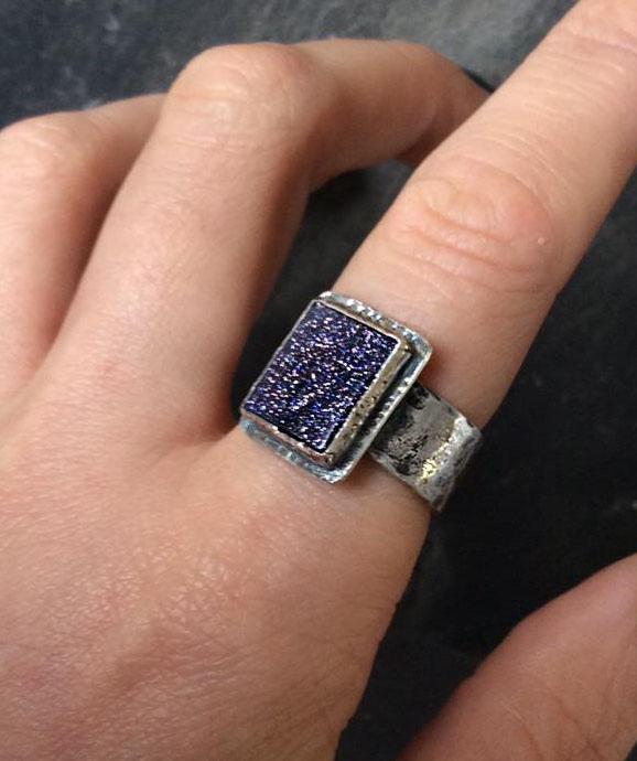Rectangular Blue Goldstone and Silver Ring
