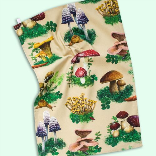 Woodland Shrooms - printed cotton tea towel