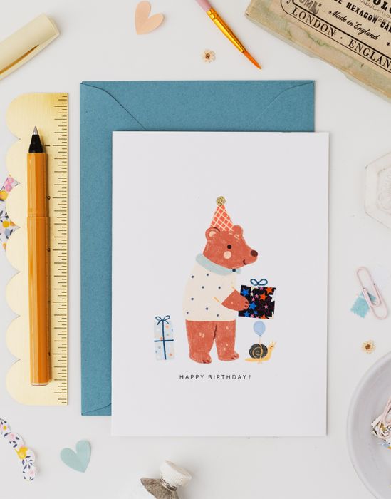 Birthday Bear Card - made with Liberty Adelajda's Wish fabric