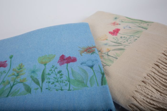 Cashmere Feel Scarves Handprinted with Wildflowers