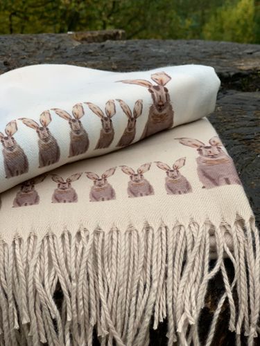 Cashmere Feel Scarves Handprinted with Hares