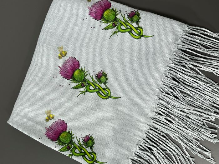 Cashmere Feel Scarves Handprinted with Thistles and Bee