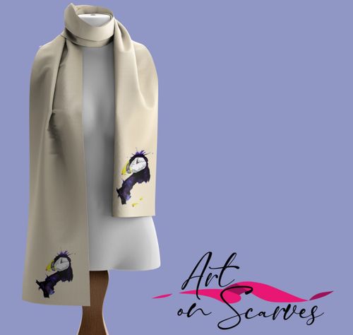 Cashmere Feel Scarves Handprinted with Puffins