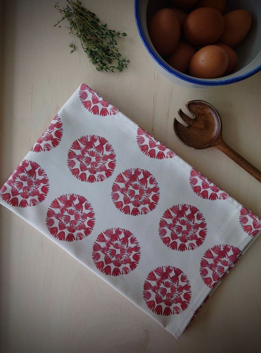 Organic Tea Towel - Machair Clock Red