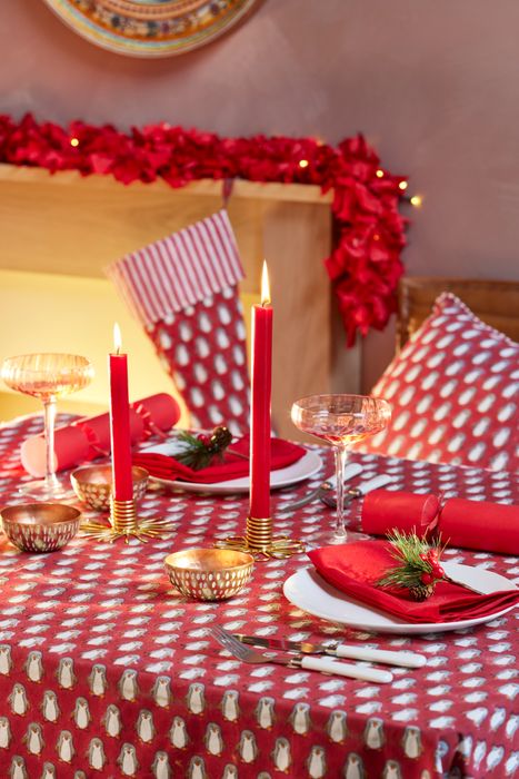 Penguin Block Print Tablecloth