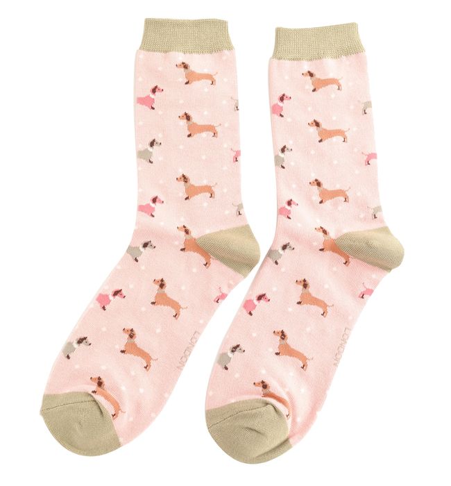 SKS429 Sausage Dog & Spots Socks Dusky Pink