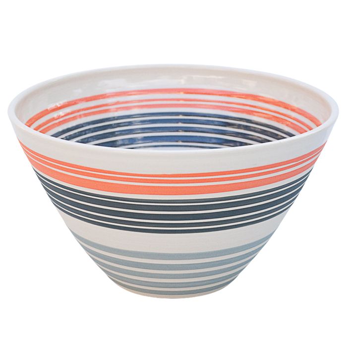 Large and small hand-thrown salad bowls decorated with orange, black and grey carved bands