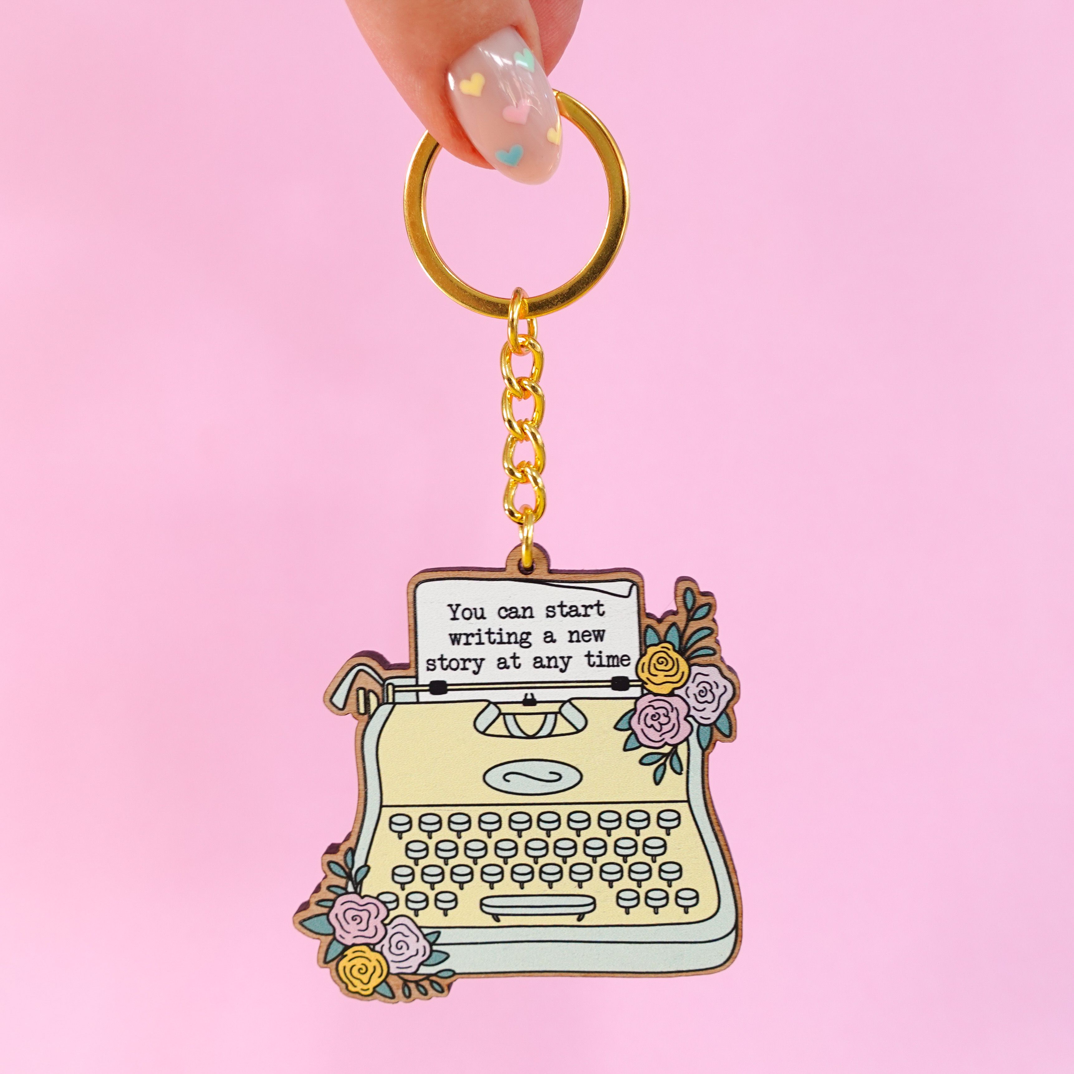 Typewriter Wooden Keyring - 'start a new story'
