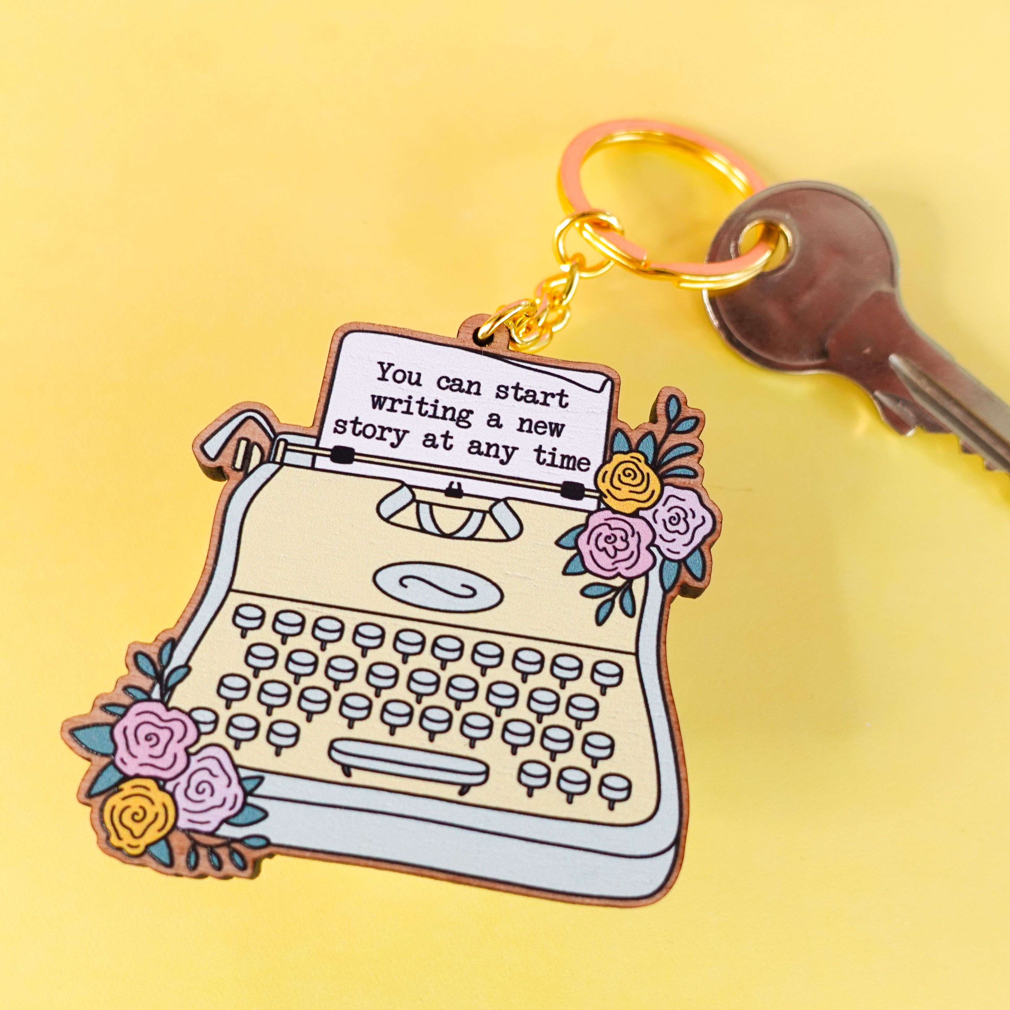 Typewriter Wooden Keyring - 'start a new story'