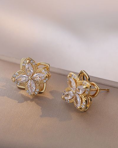 Crystal and Gem Flower Earrings in Gold