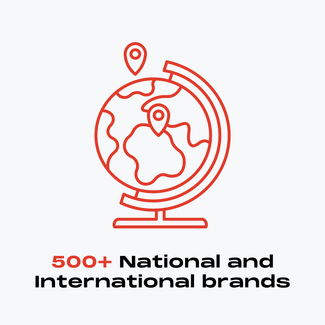 Globe illustration, over 500 national and international brands attend.