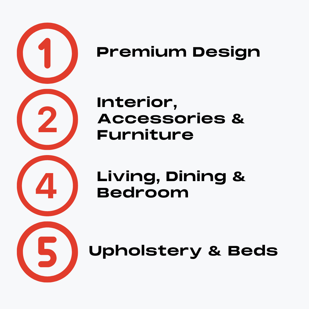 Hall categories include Interior, Accessories, Furniture, Living, Dining, Bedroom, Upholstery and Beds. 