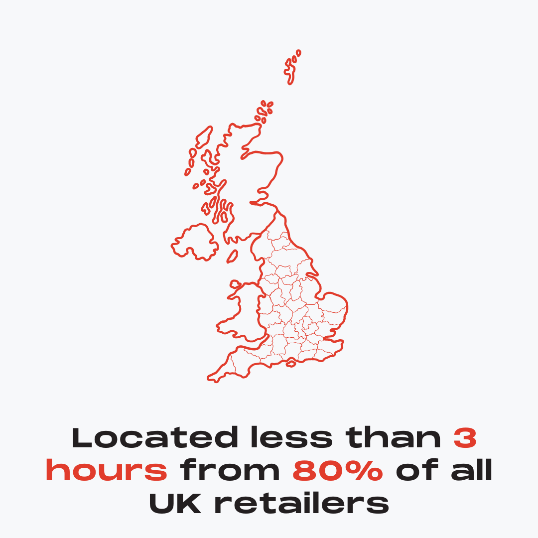 UK map image, Event located less than 3 hours away from 80% of all UK retailers.