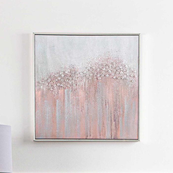 Medium Pink & Silver Framed Abstract Canvas With Crystal Stone Design Wall Art