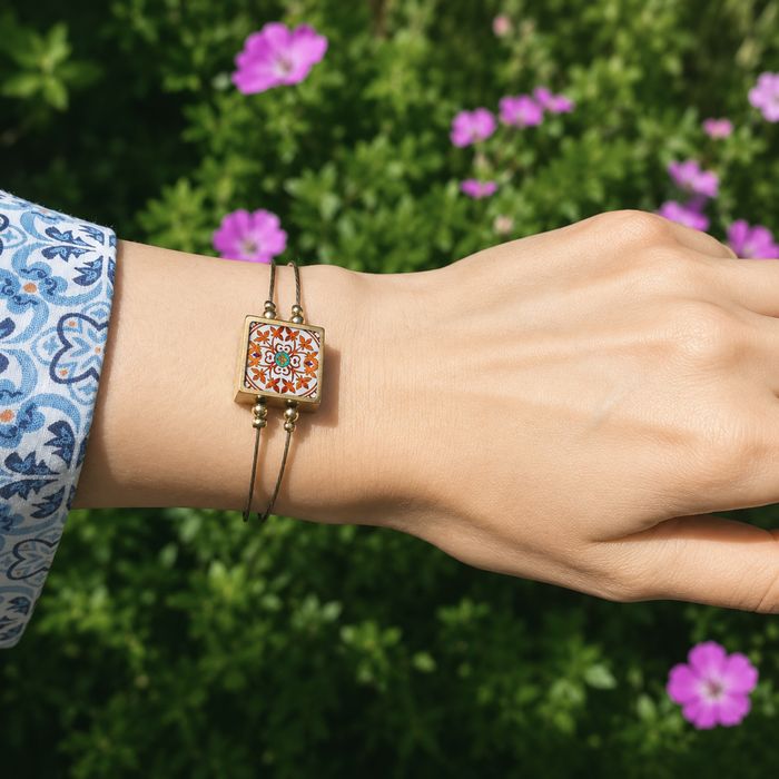 Gold-plated Stainless Steel & Decorated Ceramic Bracelet
