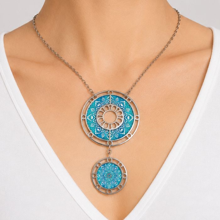 Stainless Steel & Decorated Walnut Necklace