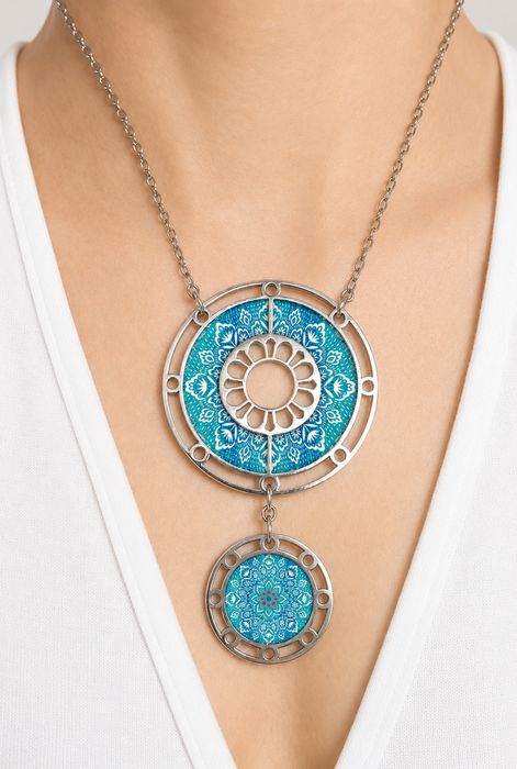 Stainless Steel & Decorated Walnut Necklace