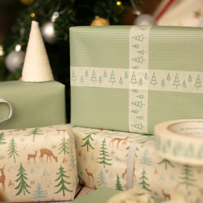 50m Paper Tape - Green Fir Trees White (24mm Wide)