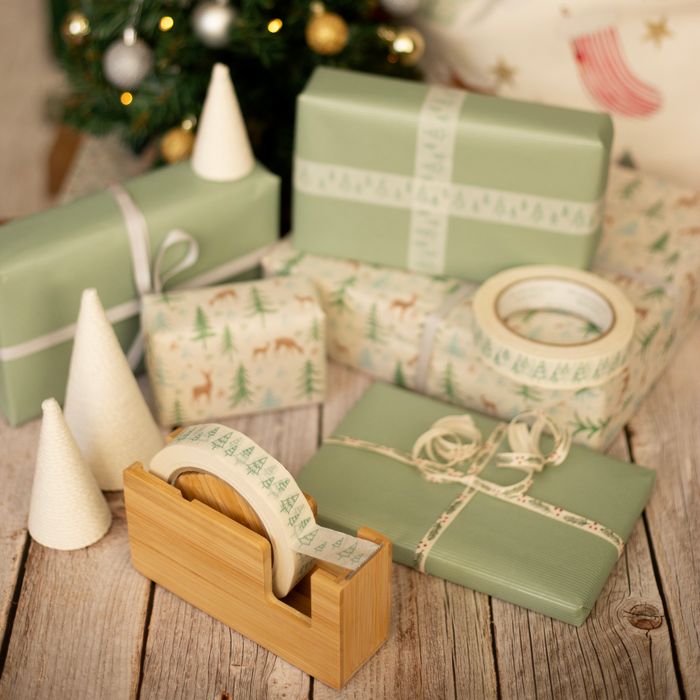 50m Paper Tape - Green Fir Trees White (24mm Wide)