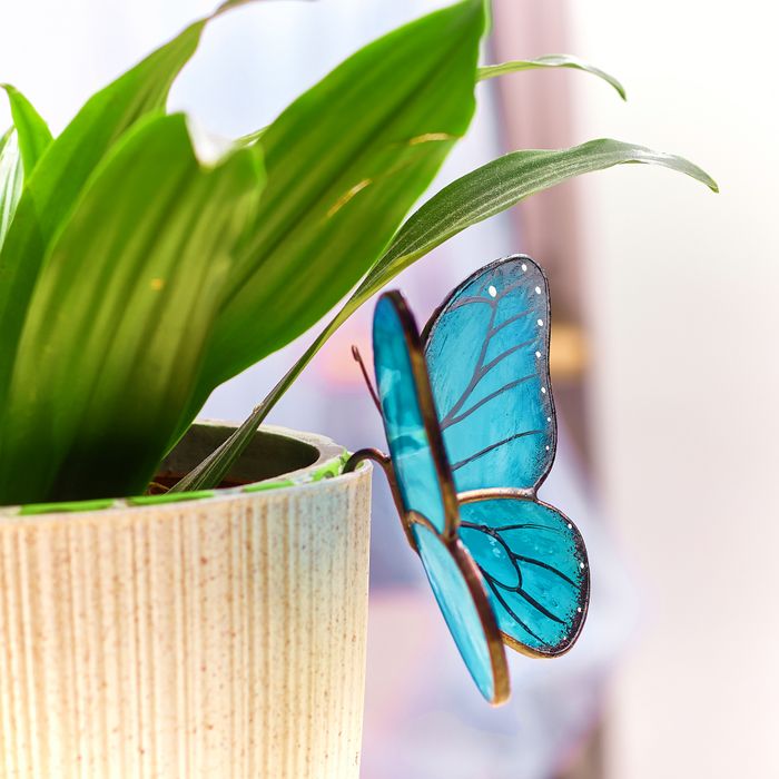 Blue Butterfly Stained Glass Plant Pot Decoration