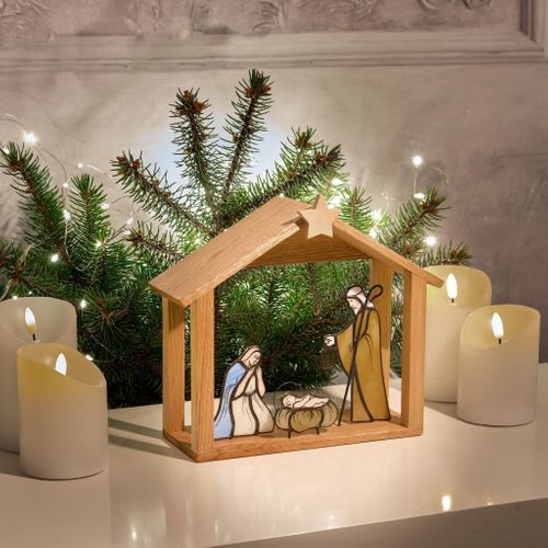 Stained Glass Nativity Scene in Wooden Stable