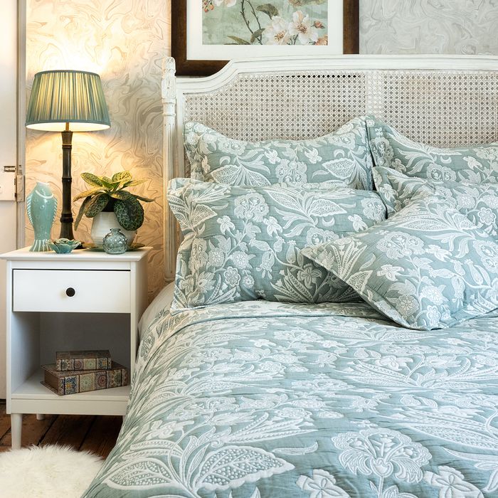 Olivia Jacquard Bedspread in Blue and Duck Egg Green