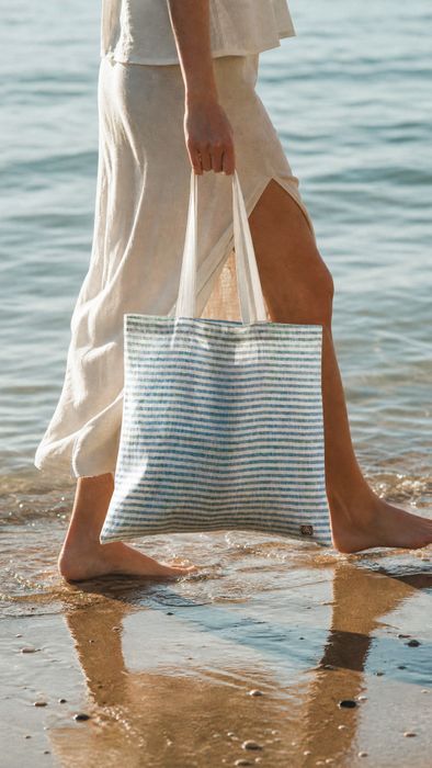 100% Linen Tote Bag Sea Blue