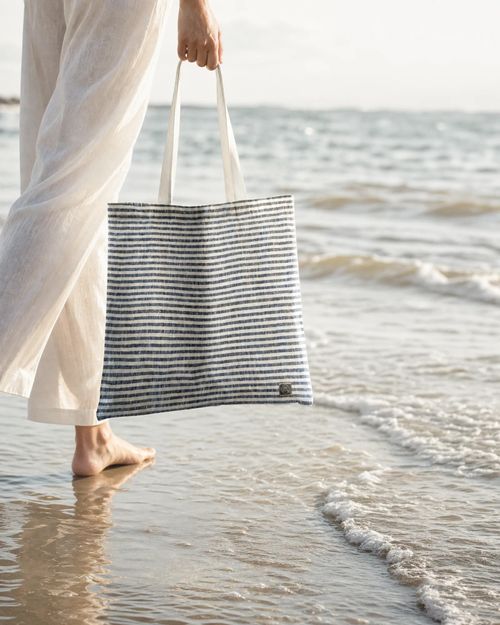 100% Linen tote Bag Denim Blue