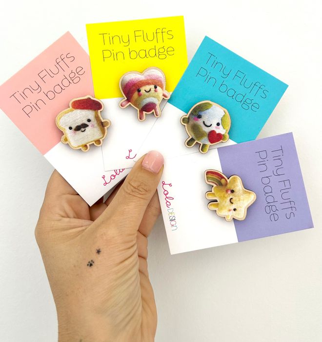 Tiny Fluffs Wooden Pin Badges & Key Rings