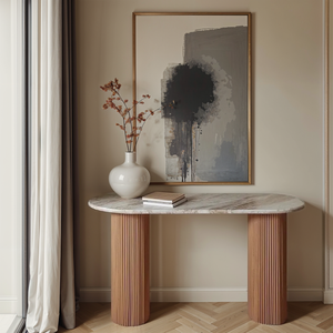 Natural Marble & Wood Pedestal Console Table