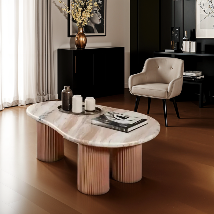 Natural Marble & Wood Pedestal Coffee Table