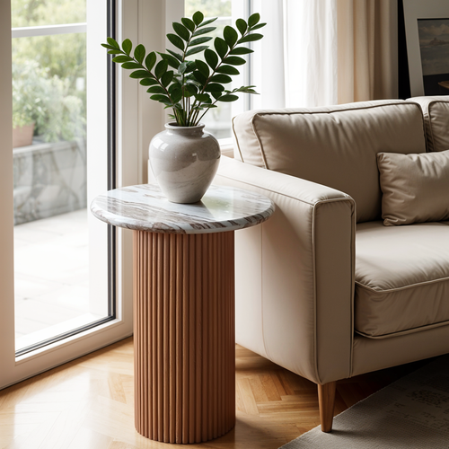 Natural Marble & Wood Pedestal Side Table