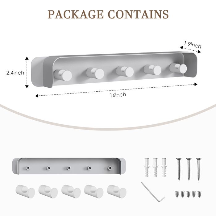 KAPANOU Coat Rack Wall Mount with Shelf-5 Hooks, Sturdy Metal Coat Hook Rail for Bathroom, Bedroom, Entryway, Versatile and Decorative Aluminum Clothes Hanger for Hanging Towels, Hats, Bag (Grey)