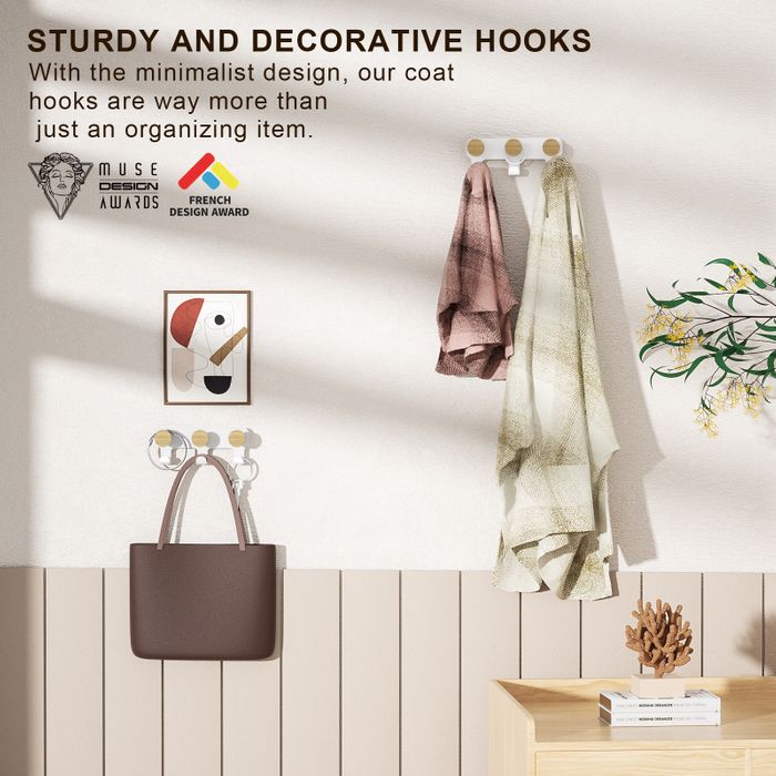 KAPANOU dual Coat Rack With Hooks 2 Pack 6 Hooks, Heavy Duty Metal Wall Hooks with Wooden Rustic Hanger for Towels, Hats, Backpack, Home Decor Hooks for Door, Bathroom, Bedroom, Entryway (Wood Brown / White)