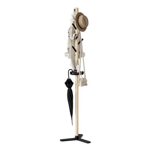 KAPANOU Wooden Coat Rack Free Standing Entryway Hall Tree, Rustic Coat Hanger Stand with Storage Tray 7 Hooks for Hat, Purse, Jacket, Umbrella and Accessories, Wood Brown/ Black