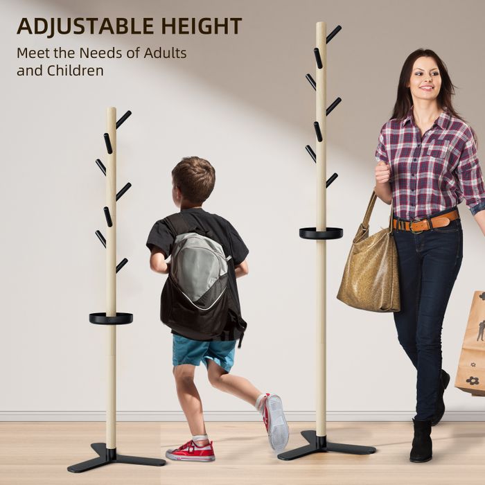 KAPANOU Wooden Coat Rack Free Standing Entryway Hall Tree, Rustic Coat Hanger Stand with Storage Tray 7 Hooks for Hat, Purse, Jacket, Umbrella and Accessories, Wood Brown/ Black