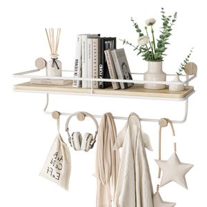 KAPANOU Floating Shelves with Coat Hooks Rail, Wall Mounted Natural Wood Grain Shelf for Bathroom, Bedroom, Living Room (White)