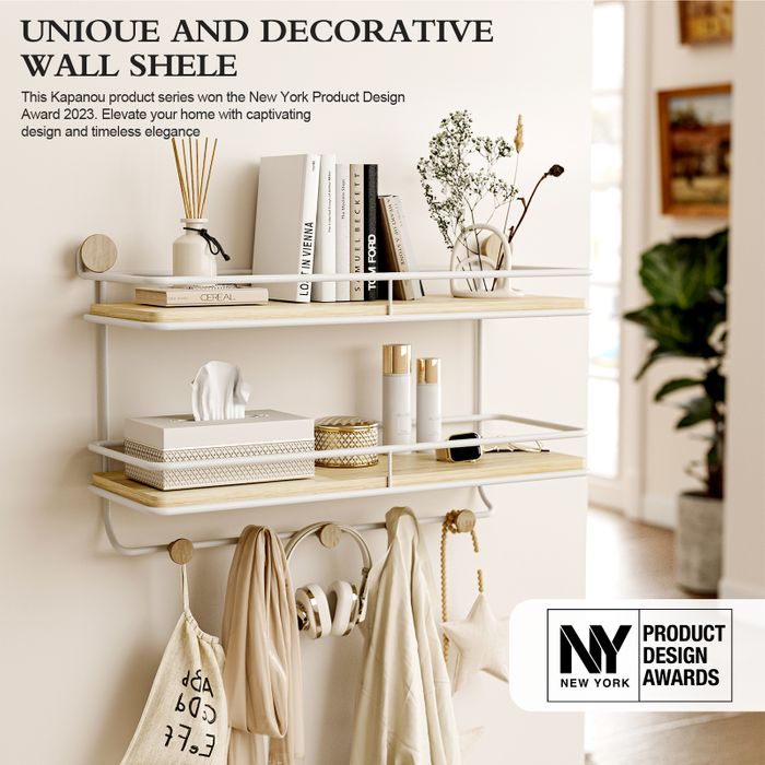 KAPANOU 2 Tier Floating Shelves with Coat Hooks Rail, Wall Mounted Natural Wood Grain Shelf for Bathroom, Bedroom, Living Room (White)