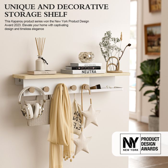 KAPANOU Floating Shelves for Wall, Natural Wood grain Shelf with Front and Back Coat Hooks and Extra Storage Compartments (White)