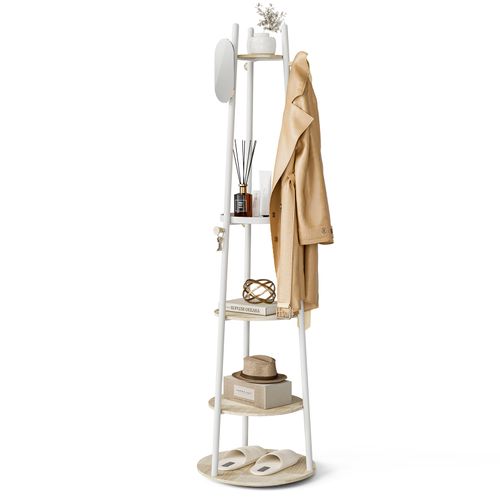 KAPANOU Rotatable Coat Rack Stand Coat Tree with 6 Hooks and 5 Shelves for Entryway Bedroom (White)