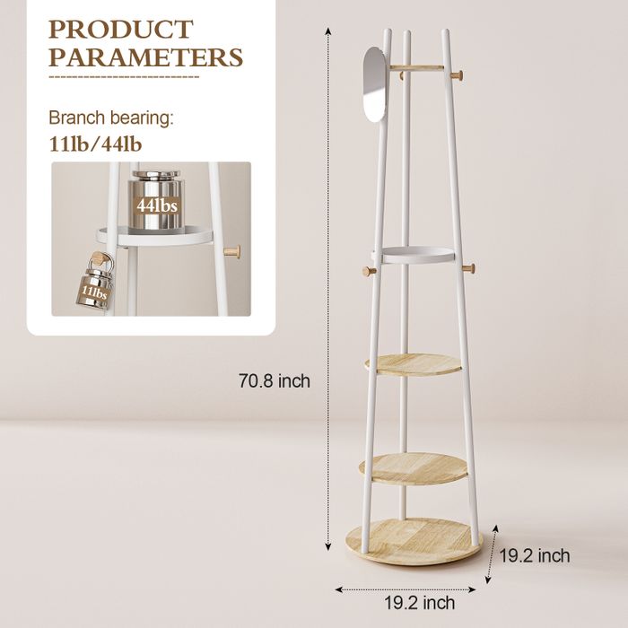 KAPANOU Rotatable Coat Rack Stand Coat Tree with 6 Hooks and 5 Shelves for Entryway Bedroom (White)