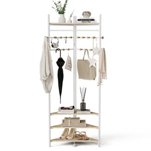 KAPANOU Corner Metal Coat Rack Freestanding Entryway Clothes Hanger with 18 Wooden Hooks and 4 Shelves for Bedroom (White)