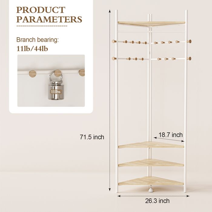 KAPANOU Corner Metal Coat Rack Freestanding Entryway Clothes Hanger with 18 Wooden Hooks and 4 Shelves for Bedroom (White)