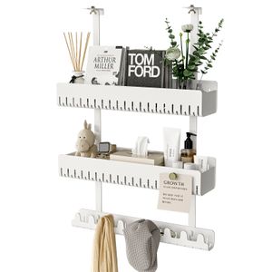KAPANOU Over The Door Hooks Organizer, Metal Door Coat Rack with 9 Hanger and 2 Baskets for Bedroom, Bathroom (White)