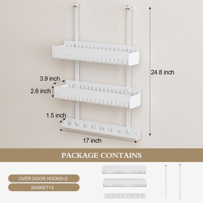 KAPANOU Over The Door Hooks Organizer, Metal Door Coat Rack with 9 Hanger and 2 Baskets for Bedroom, Bathroom (White)